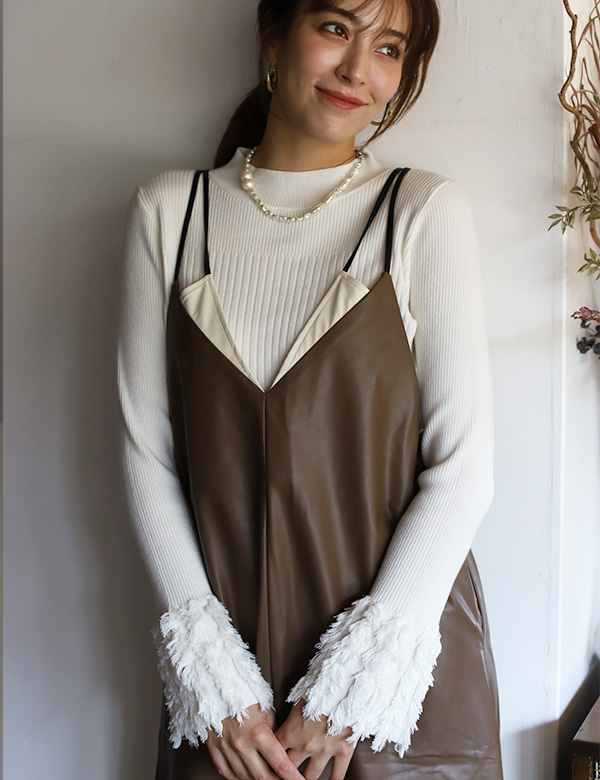 バイカラーフェイクレザーキャミワンピース(52226F)