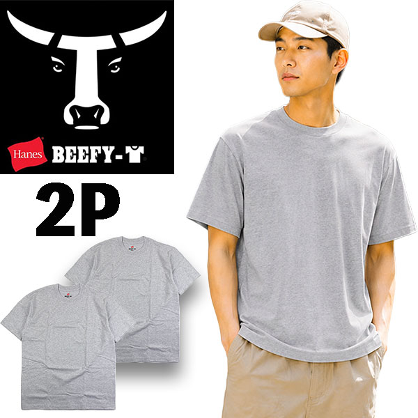 ヘインズ ビーフィー Tシャツ Hanes BEEFY-T 2枚組 メンズ レディース 2P グレー 半袖 厚手 ヘビー クルーネック パックT 無地 H5180-2