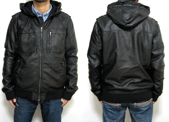 【H&M】エイチ＆エム【"DIVIDED" FAKE LEATHER ZIP HOOD JACKET】フェイクレザー　ジップ　フード　JKT