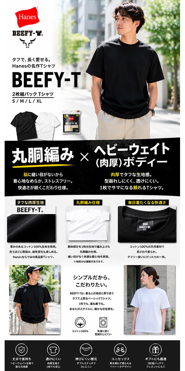 ヘインズ ビーフィー Tシャツ Hanes BEEFY-T 2枚組 白 メンズ レディース 2P 半袖 厚手 ヘビー クルーネック パックT 無地 H5180-2