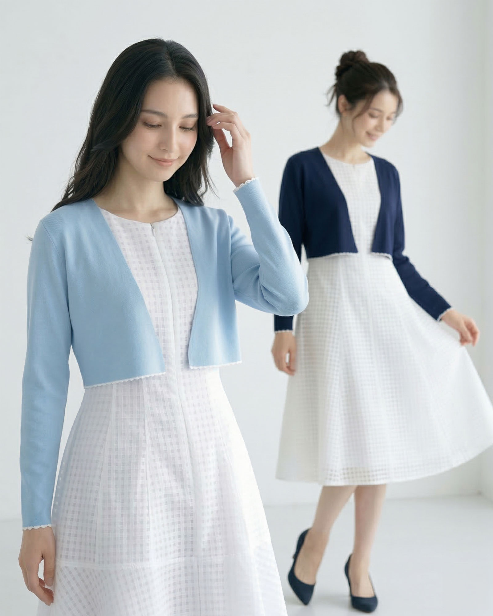 ワンピースに合わせやすいバイカラーカーディガン着用イメージ レジーナ【神戸ワンピース専門店】
