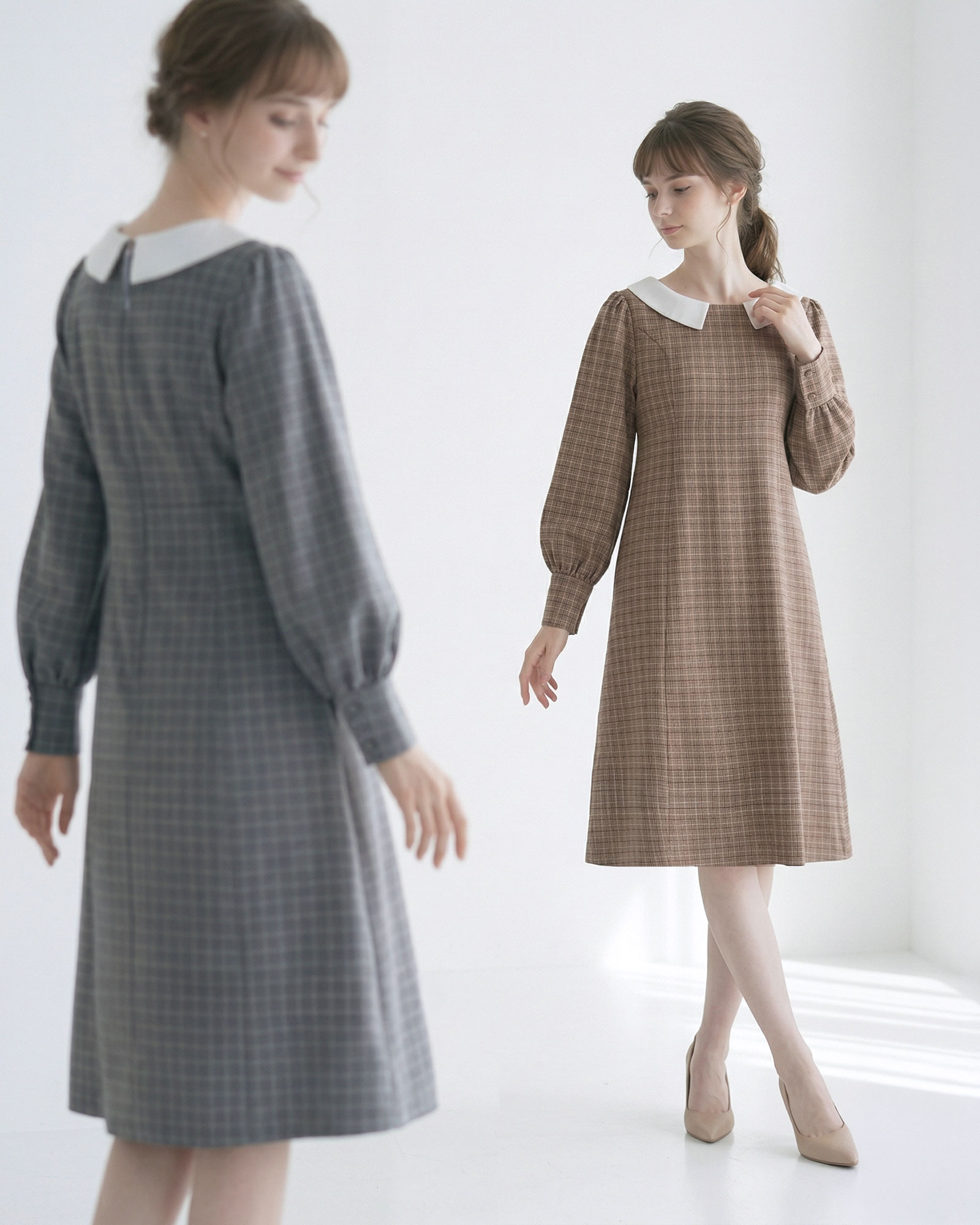 ブルーグレーとブラウン、2色展開のクラシカルチェック柄ワンピース。大人の女性にふさわしい上品な白襟デザインが魅力。レジーナ【神戸ワンピース専門店】