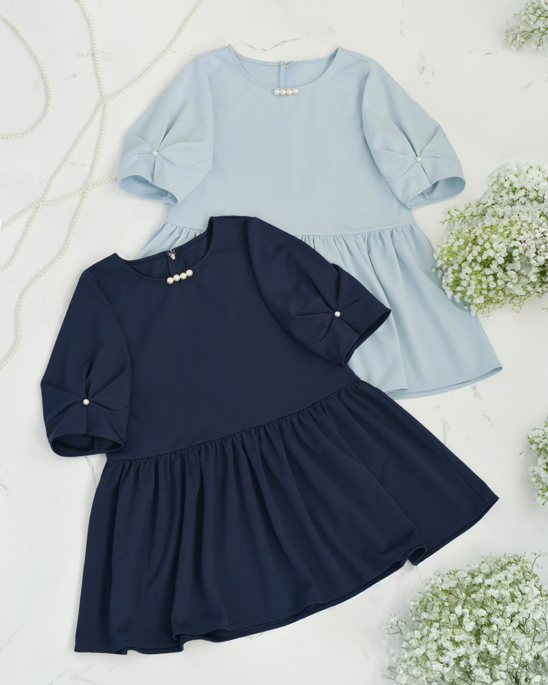 デイリー パール チュニック】お色展開：ネイビー,ブルー ／ サイズ