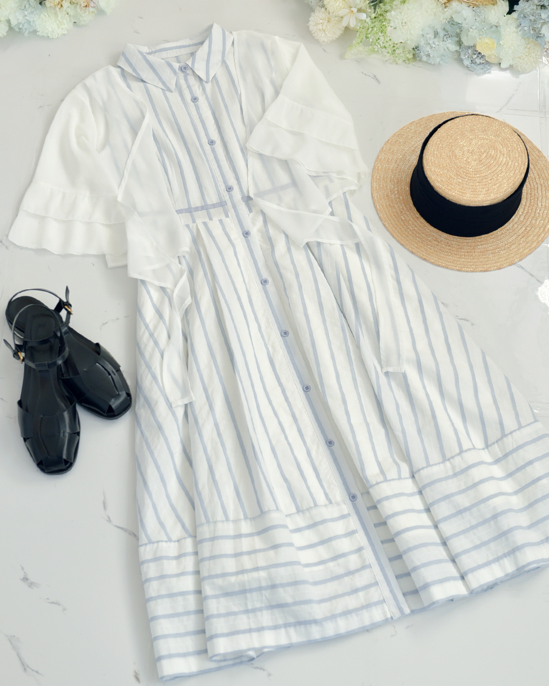 ストライプ柄とグログランテープが上品なマリンスタイルのシャツワンピース｜レジーナ【神戸ワンピース専門店】