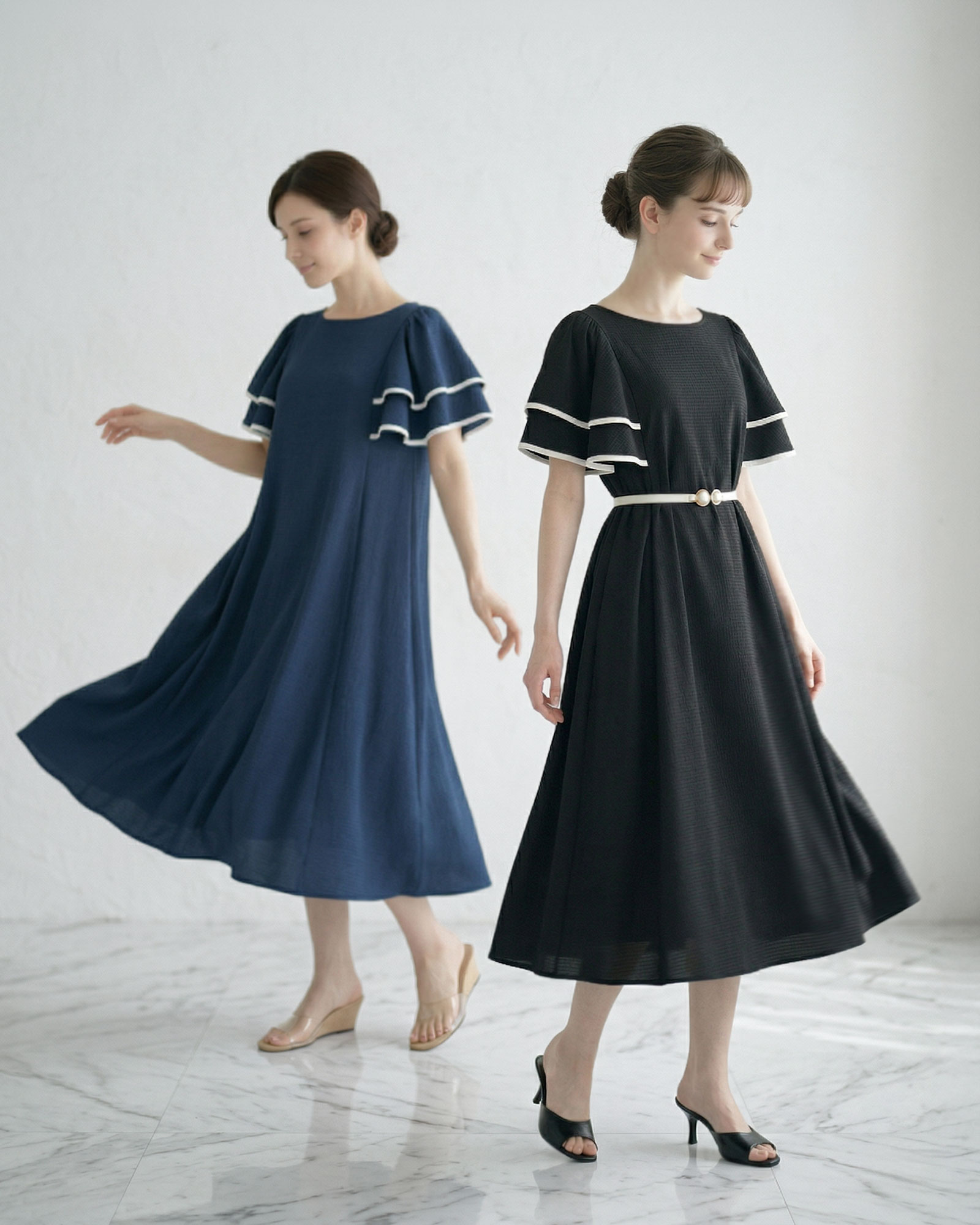 夏に映えるネイビーとブラックの2色展開ワンピース、レジーナ【神戸ワンピース専門店】