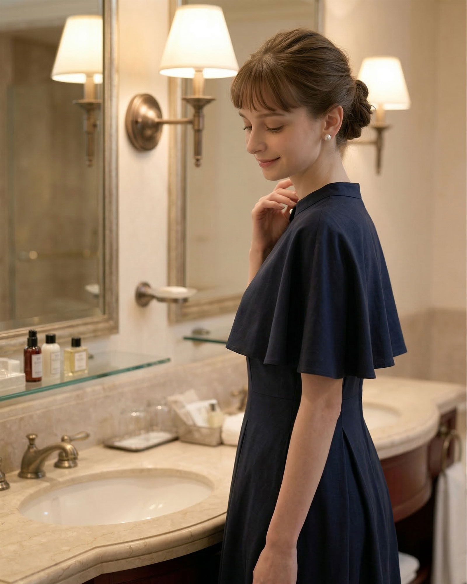 上品なケープ付き2wayワンピースで魅せる大人のきちんと感。フォーマルな場におすすめの一着｜レジーナ【神戸ワンピース専門店】