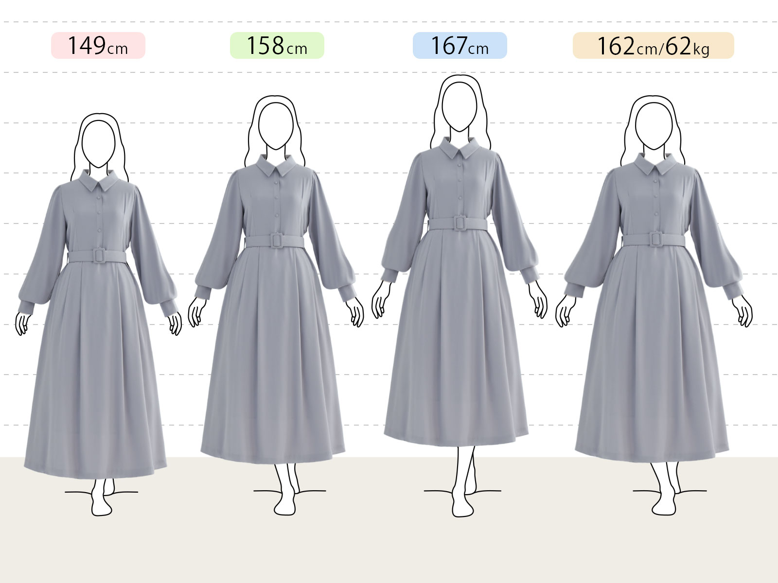 ジョーゼット素材と美人襟が上品に映えるクラシカルワンピースの体型別着用感｜レジーナ【神戸ワンピース専門店】