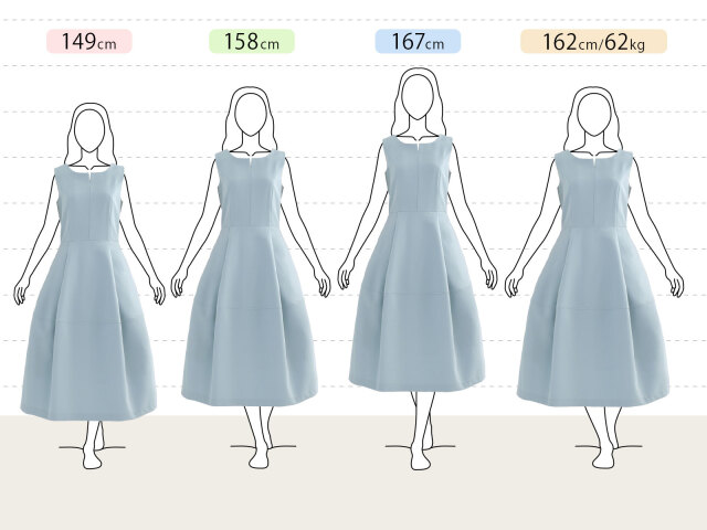 きれいめノースリーブワンピースの身長別（小柄さん：149cm、平均さん：158cm、長身さん：167cm、グラマーさん：162cm 62kg）着用感｜レジーナ【神戸ワンピース専門店】