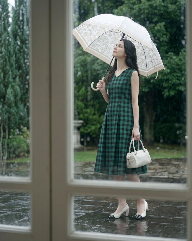レジーナ 神戸ワンピース専門店 雨の日にも映えるグリーンチェックワンピース レディース 上品クラシカル お出かけコーデ