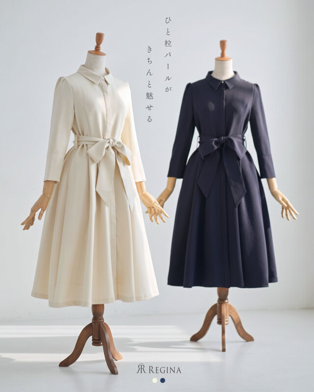 一粒パールがきちんと魅せる。好印象を与えたい日に選ぶ大人のきれいめワンピース。レジーナ【神戸ワンピース専門店】