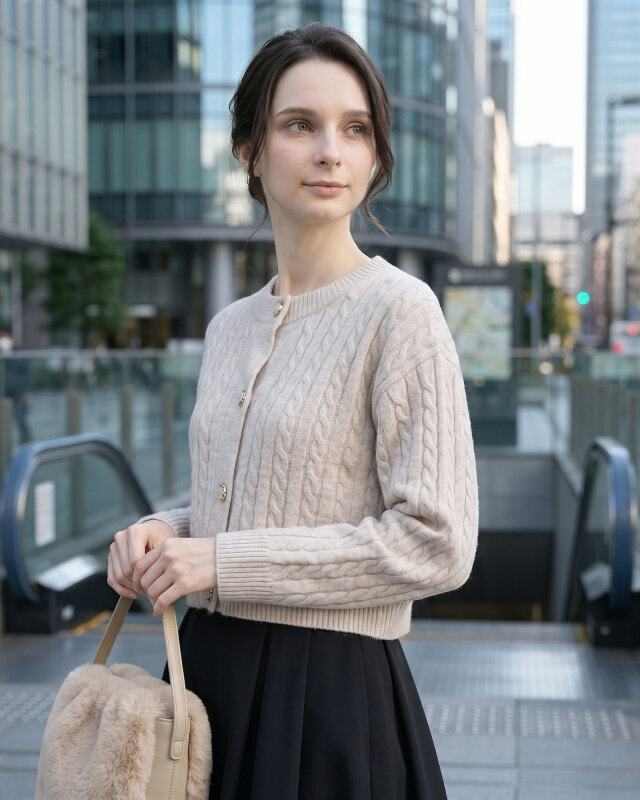 ワンピースに似合う厚手のニットを着ている通勤中の30代女性
