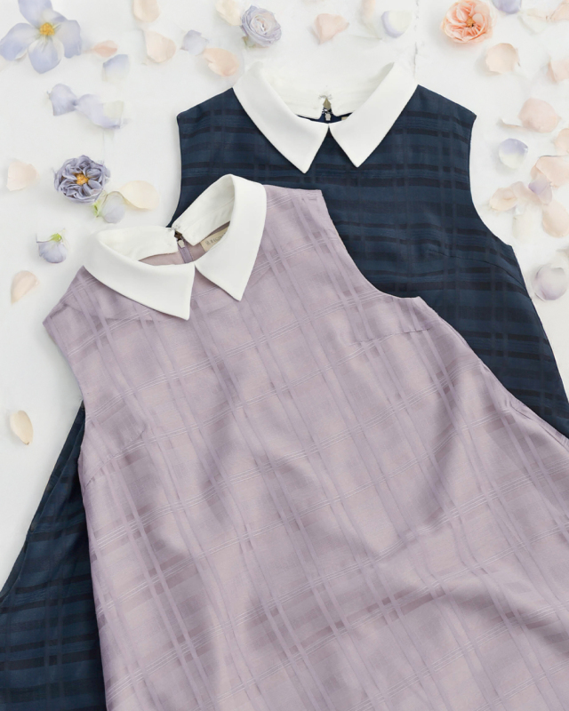 白襟付きノースリーブチェックワンピース