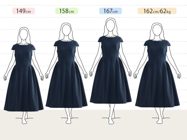 きれいめフレアワンピースの身長別（小柄さん：149cm、平均さん：158cm、長身さん：167cm、グラマーさん：162cm 62kg）着用感です。