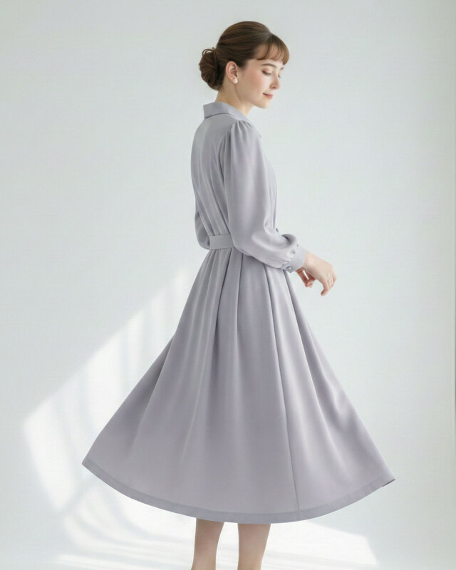 フレア感たっぷりの襟付きワンピースサイドビュー