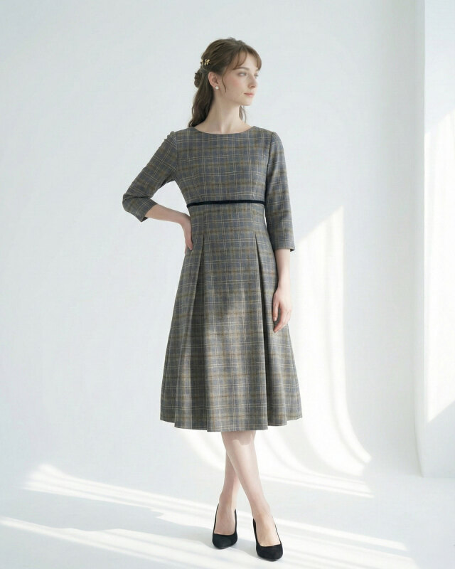 チェック柄ワンピースを上品に着こなす後ろ姿のモデル画像です。レジーナ【神戸ワンピース専門店】