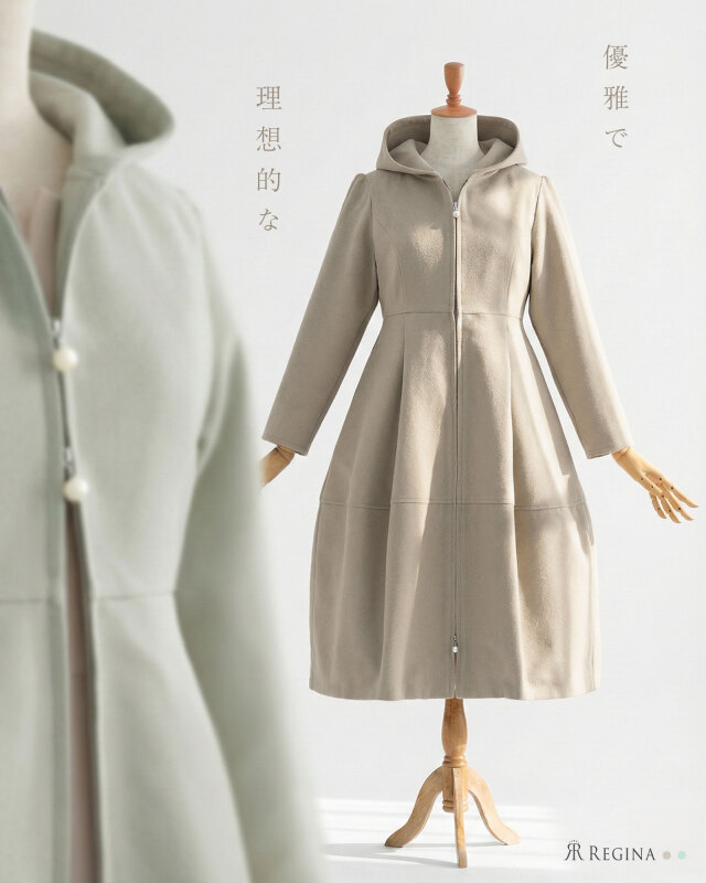 上品なフード付きフレアワンピース。体型を美しく整える立体シルエットが魅力。レジーナ【神戸ワンピース専門店】