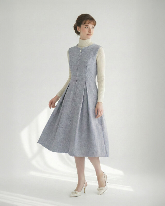 ツイード調ブルーグレーAラインワンピースを着た女性モデルの全身コーデ│レジーナ【神戸ワンピース専門店】