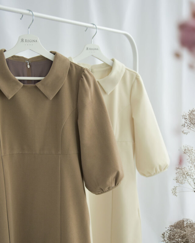 淡色とモカの2色展開できれいめに着こなせる上品Aラインワンピースレジーナ【神戸ワンピース専門店】
