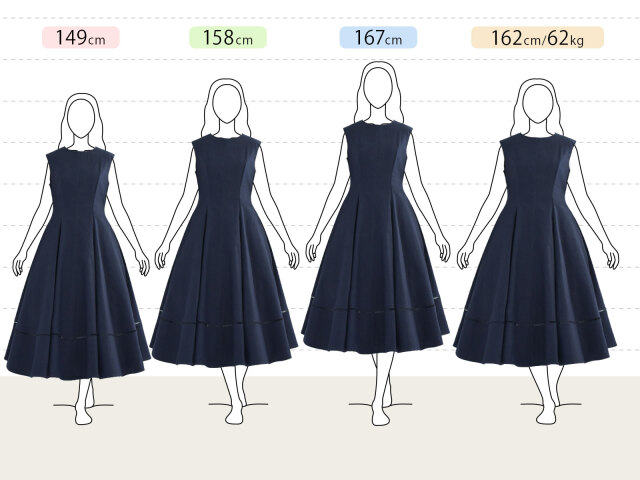上品なデニムフレアワンピースの身長別（小柄さん：149cm、平均さん：158cm、長身さん：167cm、グラマーさん：162cm 62kg）着用感｜レジーナ【神戸ワンピース専門店】