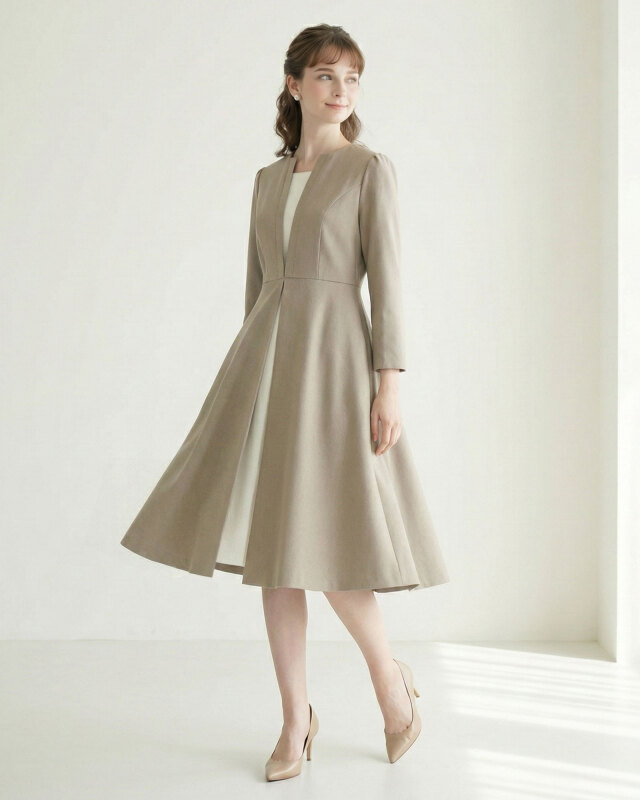 ベージュのワンピースを着用した女性