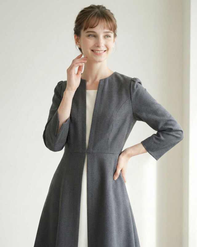 チャコールグレーのワンピースの上半身アップ