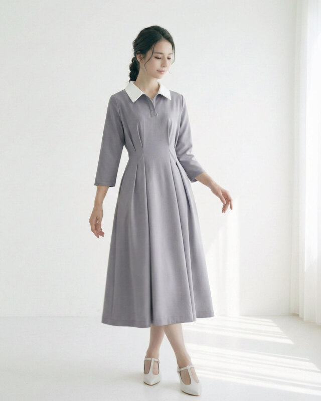 MauveBlue着用七分袖ロングワンピースレジーナ【神戸ワンピース専門店】