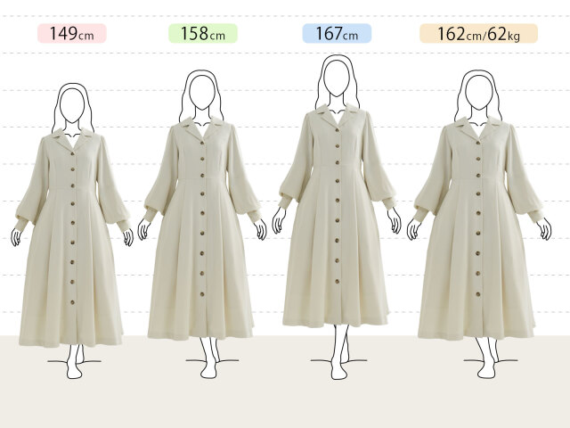 きれいめフレアワンピースの身長別（小柄さん：149cm、平均さん：158cm、長身さん：167cm、グラマーさん：162cm 62kg）着用感です。