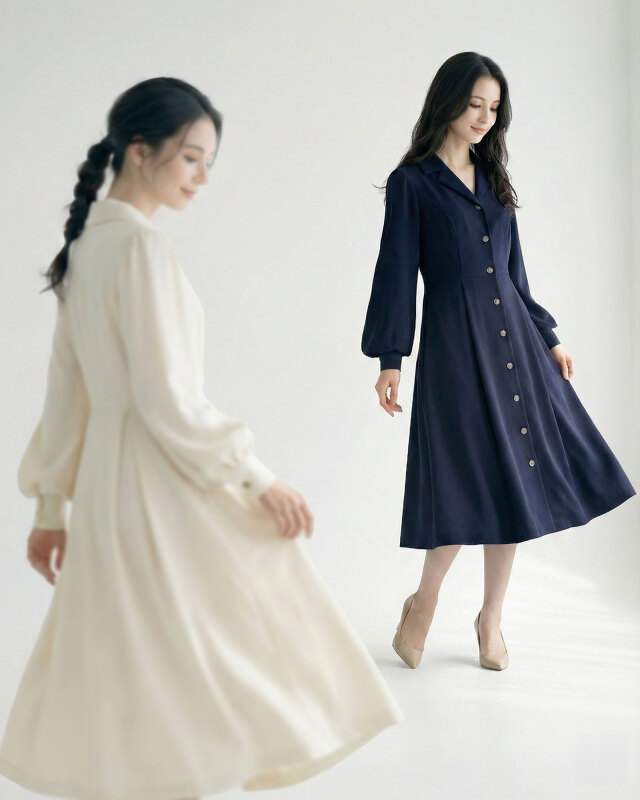 ネイビーとアイボリーの上品配色フィット＆フレアワンピ