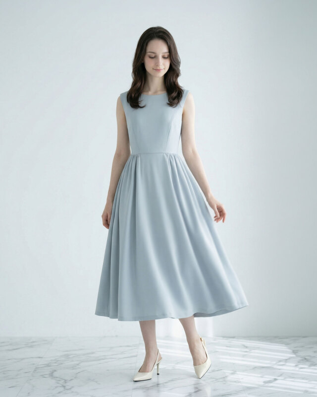 ペールブルーのワンピ―スを着た女性の全身画像