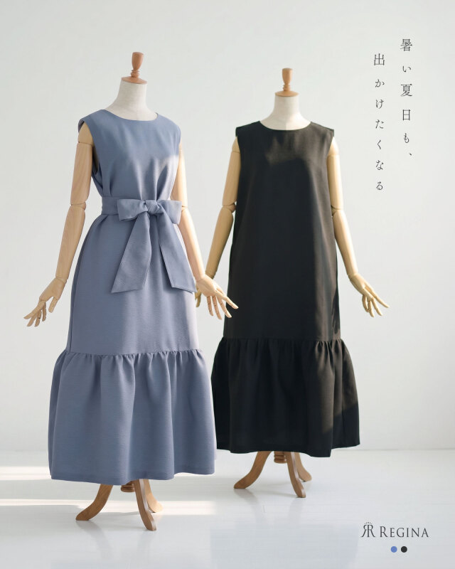 夏に嬉しい涼感素材。リボンで美シルエットを叶える大人のきれいめロングワンピース。レジーナ【神戸ワンピース専門店】