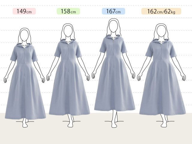 きれいめフレアワンピースの身長別（小柄さん：149cm、平均さん：158cm、長身さん：167cm、グラマーさん：162cm 62kg）着用感です。