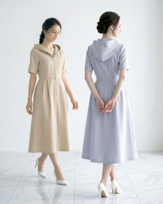 シーンに合わせて選べる洗練の2色展開。大人の抜け感とエレガンスを両立するきれいめパーカーワンピース。