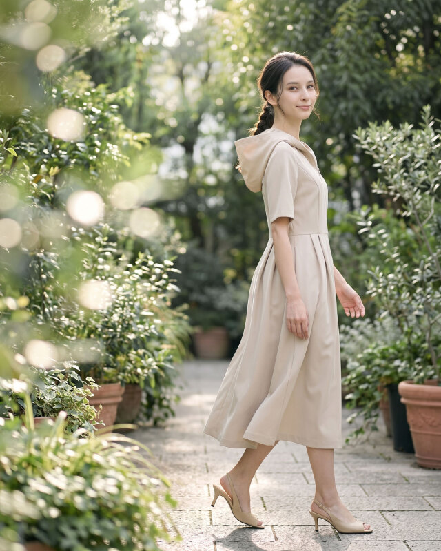 自然光にも美しく映えるベージュ。動きやすさと美シルエットを兼ね備えた大人のきれいめパーカーワンピース。