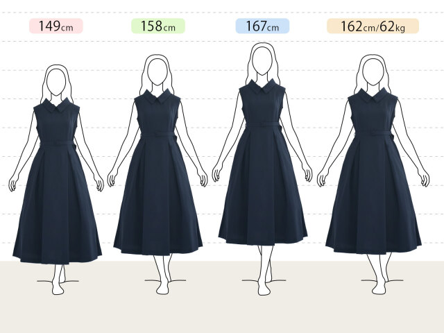 きれいめフレアワンピースの身長別（小柄さん：149cm、平均さん：158cm、長身さん：167cm、グラマーさん：162cm 62kg）着用感です。