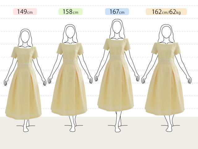 きれいめフレアワンピースの身長別（小柄さん：149cm、平均さん：158cm、長身さん：167cm、グラマーさん：162cm 62kg）着用感です。