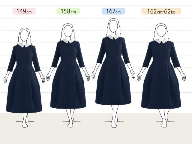 白襟付きネイビーフレアワンピースの身長別（小柄さん：149cm、平均さん：158cm、長身さん：167cm、グラマーさん：162cm 62kg）着用感｜レジーナ【神戸ワンピース専門店】