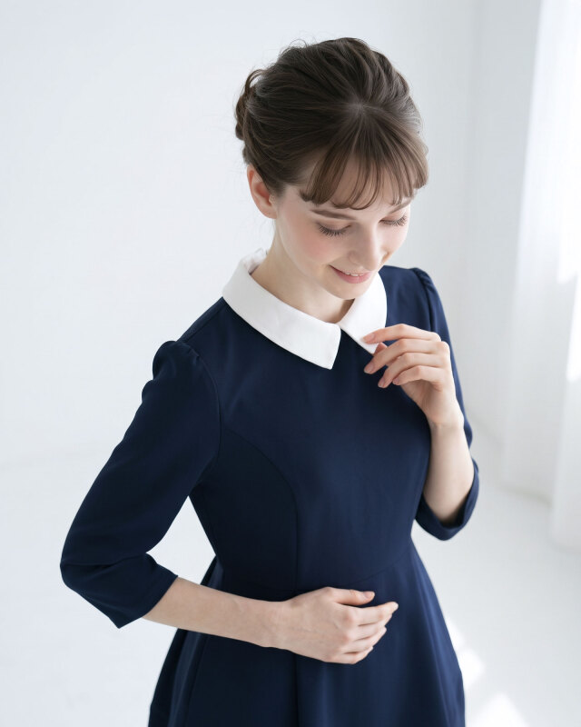 白襟がお顔周りをパッと明るく。清楚で上品な印象を与える大人のきれいめワンピース。レジーナ【神戸ワンピース専門店】
