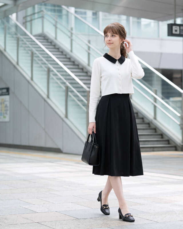 学校行事にふさわしい端正なカーディガンスタイル