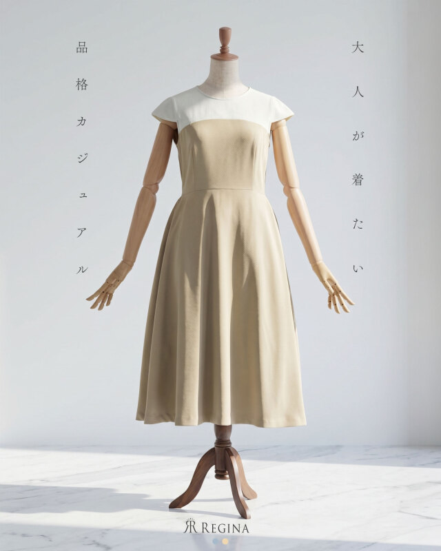 ベアトップ風バイカラーで品格カジュアルなサニーデイワンピース｜レジーナ【神戸ワンピース専門店】