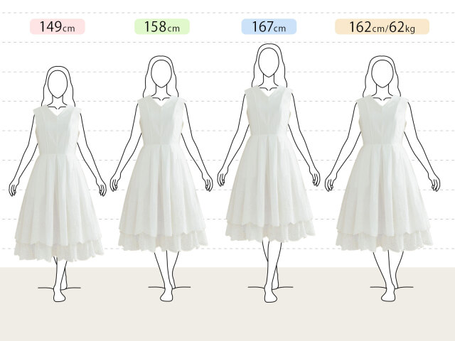 きれいめフレアワンピースの身長別（小柄さん：149cm、平均さん：158cm、長身さん：167cm、グラマーさん：162cm 62kg）着用感です。