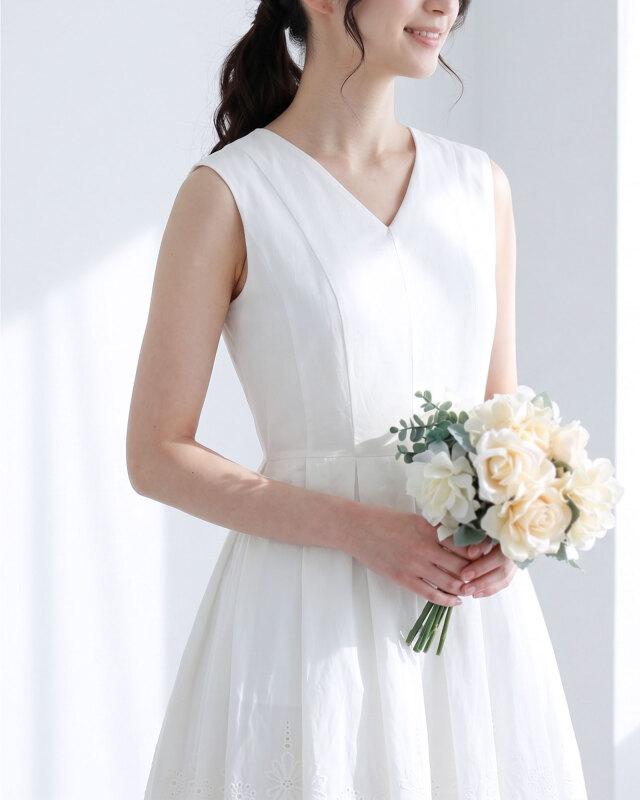 刺繍フリルが印象的な白のサマーワンピースをナチュラルに魅せるハンガーカット