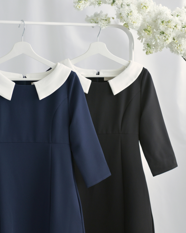 ネイビーとブラックの2色展開、清楚でクラシカルな白襟付きワンピース レジーナ【神戸ワンピース専門店】
