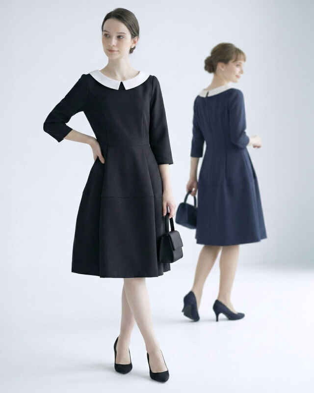 黒とネイビーの白襟ワンピース比較。きちんと見えが叶う