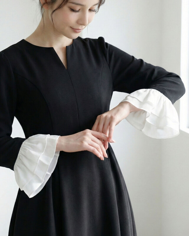 黒ワンピースの袖フレア詳細。二の腕をカバーし手元が上品に映える。レジーナ【神戸ワンピース専門店】