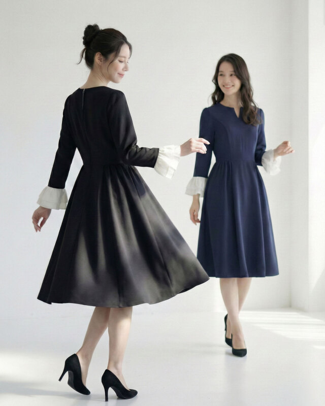 黒とネイビーのフレアワンピース比較。きれいめ通勤にも活躍。レジーナ【神戸ワンピース専門店】