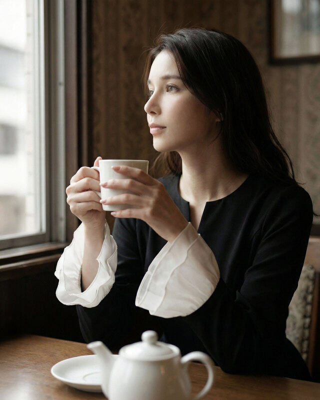 黒ワンピースの清楚な着用イメージ。袖フレアで手元が華やぐ。レジーナ【神戸ワンピース専門店】