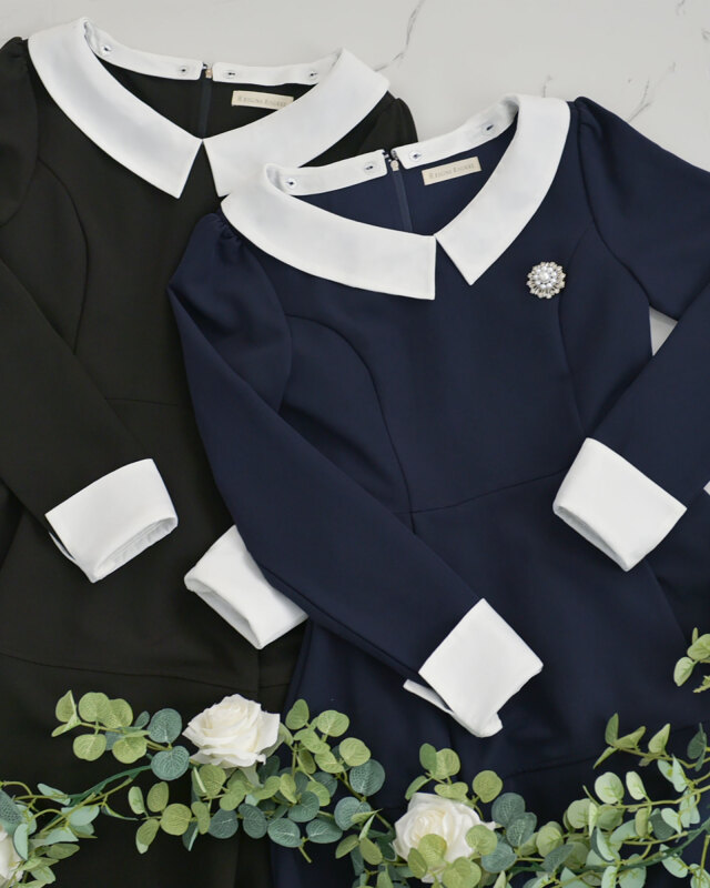 白襟が顔映えを叶える上品なデザインのネイビーワンピース。レジーナ【神戸ワンピース専門店】