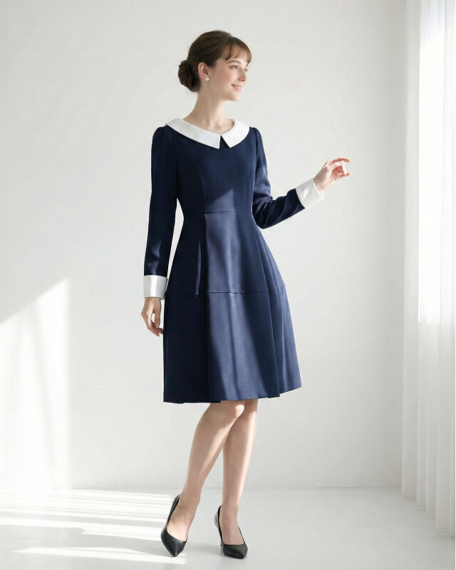 白い大きめ襟が顔周りを明るく魅せるブラックワンピースの上半身ディテール