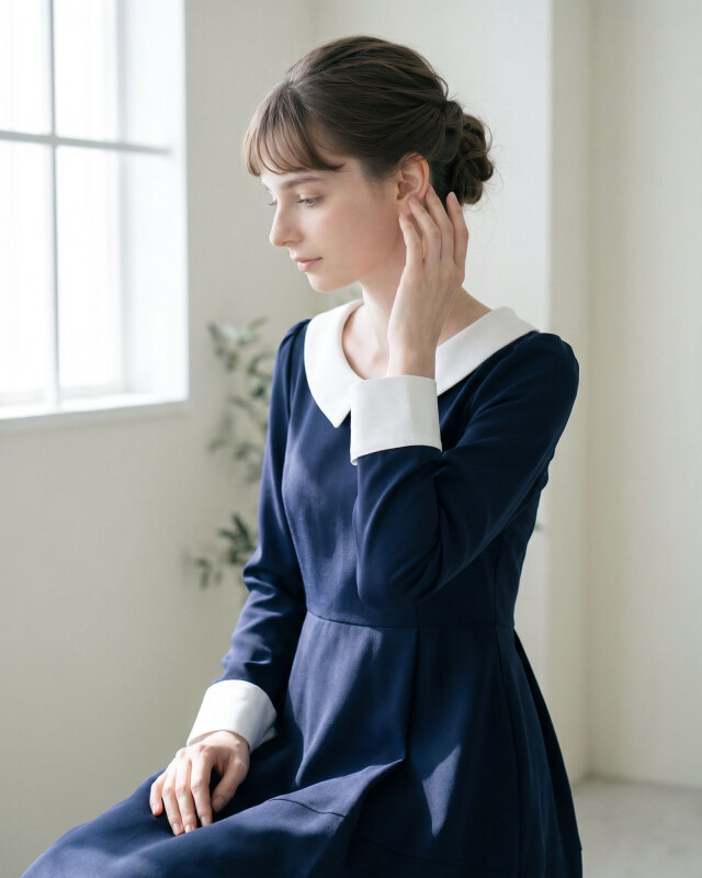 白襟と白カフスがお顔周りと手元を明るく見せる。大人のきれいめワンピース。レジーナ【神戸ワンピース専門店】
