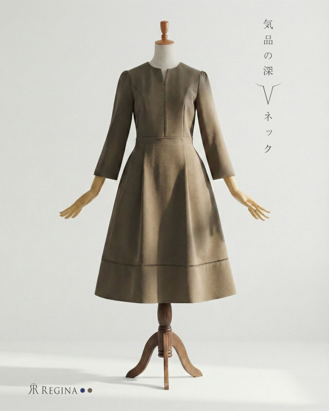 上品なVネックが気品を引き立てるきれいめフレアワンピース レジーナ【神戸ワンピース専門店】